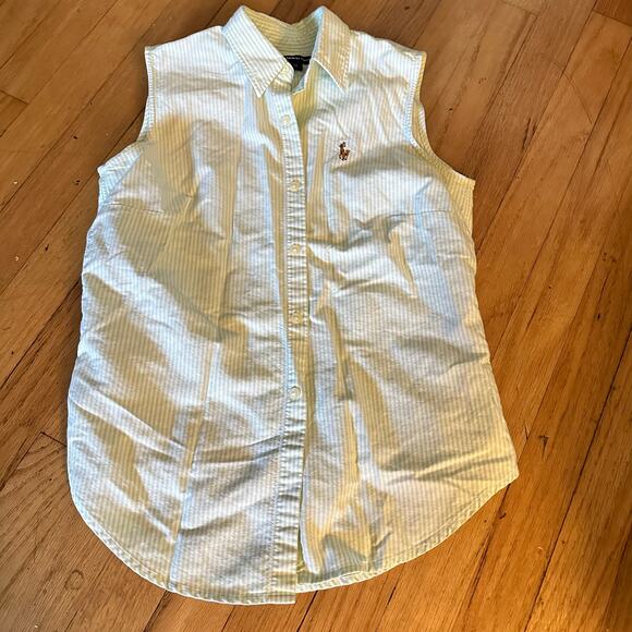 Ralph Lauren Sport 4 Green White Striped Sleeveless Button Up Collared Blouse - Picture 2 of 12